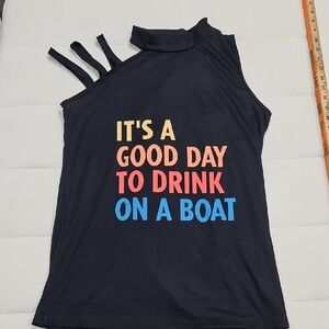 Navy Sleeveless open shoulder Top with Fun Graphic
